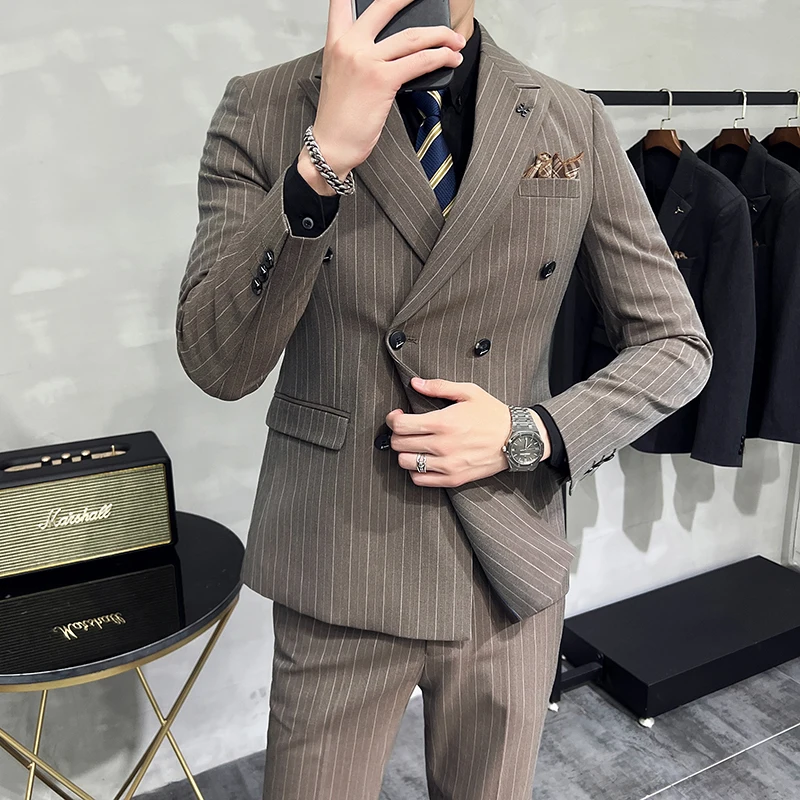 Slim Fit Double-breasted Striped Suit Vest Trousers 3-Piece Set Korean Fashion M-7XL Men\'s Fashionable Striped Three-piece Suit