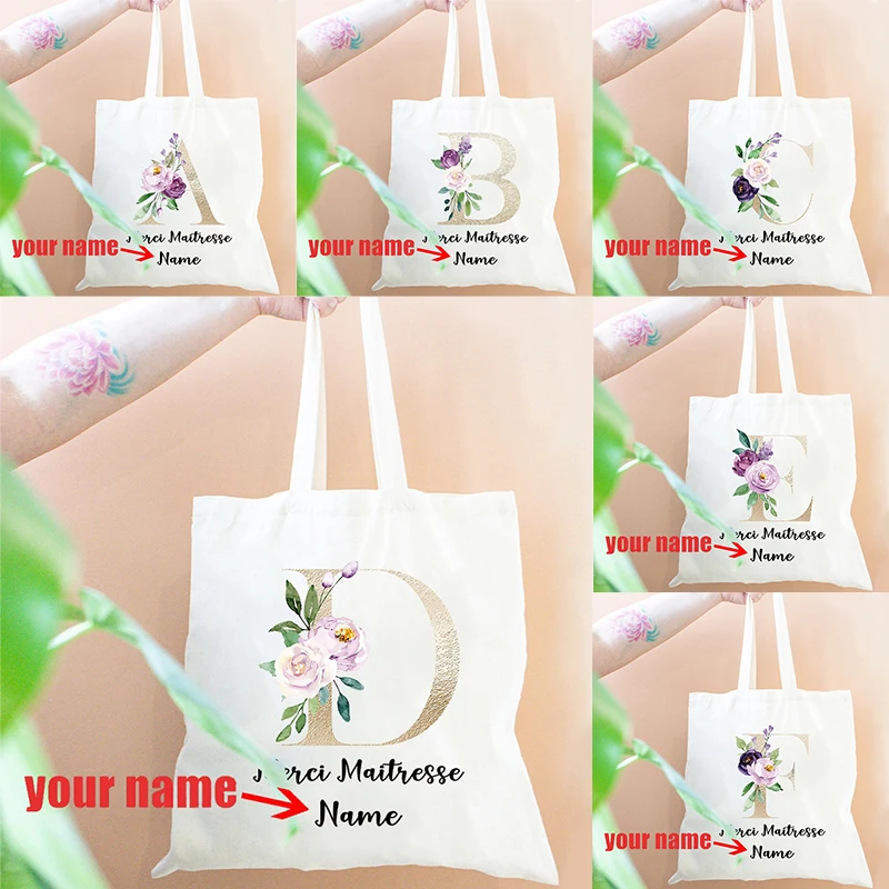 

Personalized with Name Pink Flowers Initial Letter Custom Tote Bag Monogrammed Shopping Bag for Women Shoulder Bag Teacher Gifts