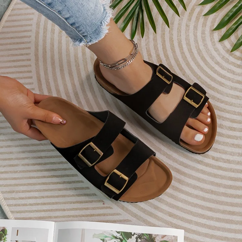 2023 Summer Women\'s Two Buckle Cork Slippers Cow Suede Leather Flats Sandals for Women Retro Fashion Garden Mule Clog Slides