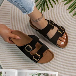 2023 Summer Women's Two Buckle Cork Slippers Cow Suede Leather Flats Sandals for Women Retro Fashion Garden Mule Clog Slides