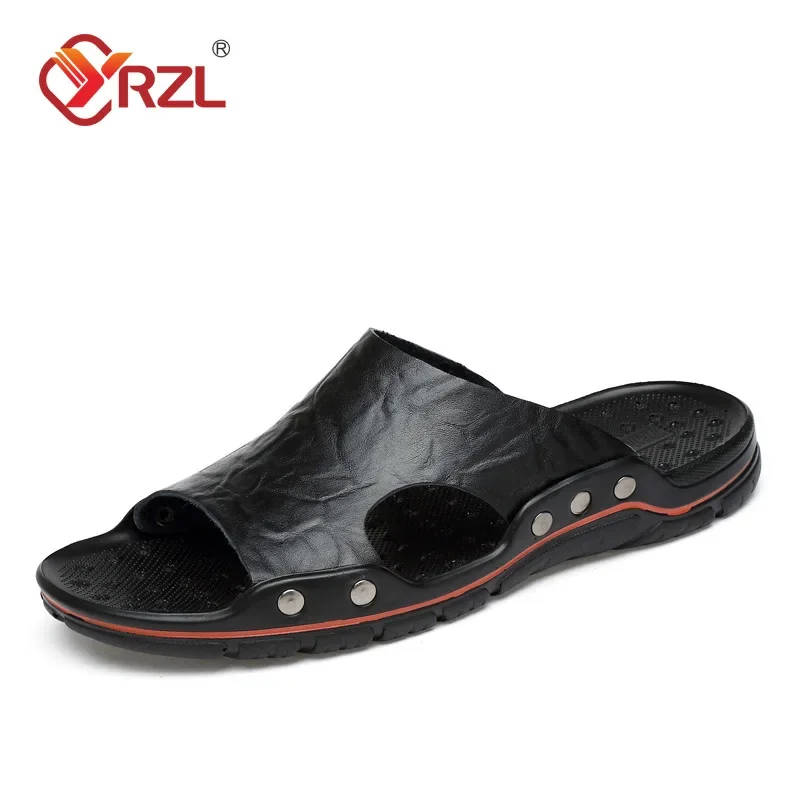 Sandals Mens PU Leather Classic YRZL Summer Men Slippers Soft Black Slippers PU Leather Slippers Lightweight EVA Slides for Men