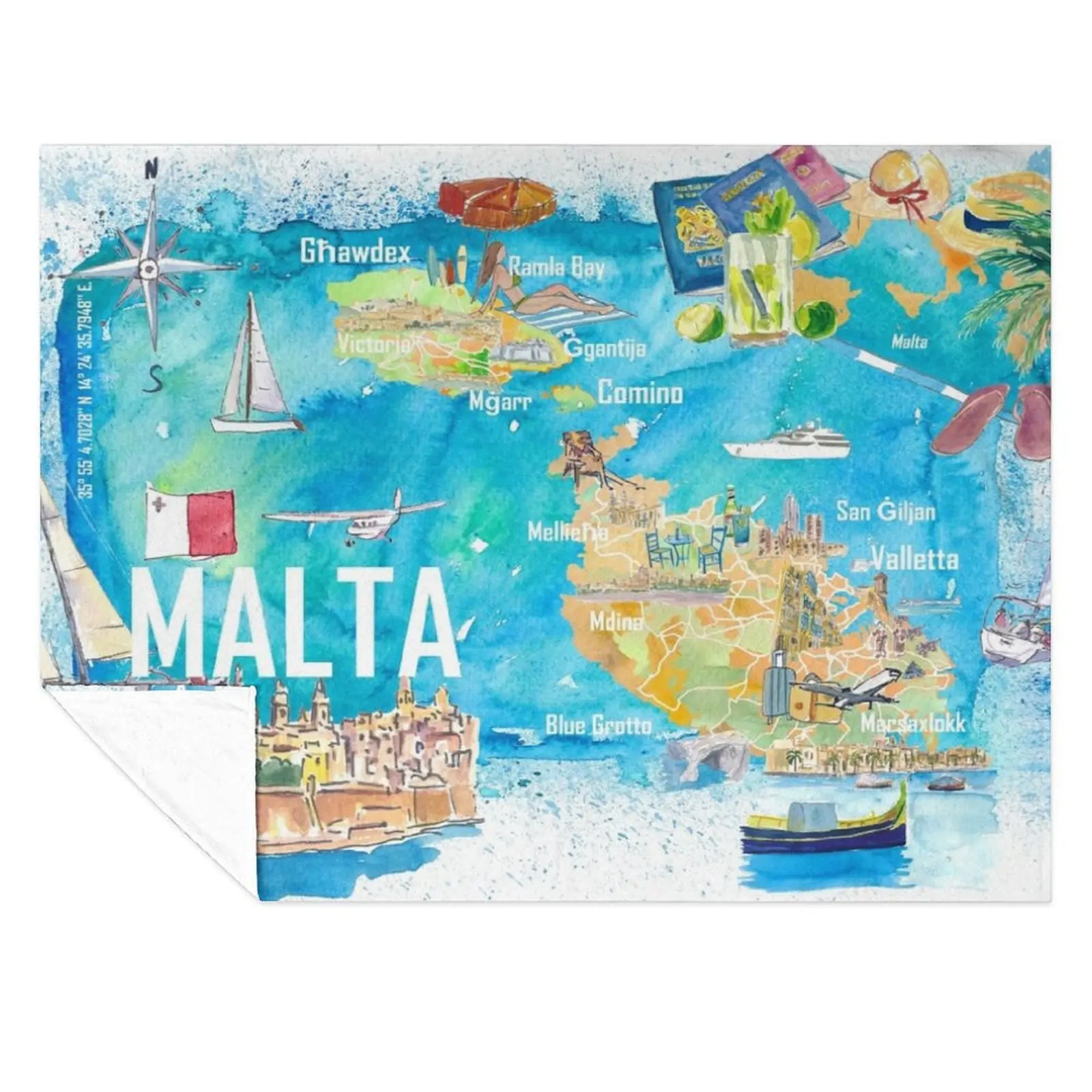 

Malta Illustrated Island Travel Map with Roads and Highlights Throw Blanket Giant Sofa Flannel Fabric Kid'S Heavy Blankets