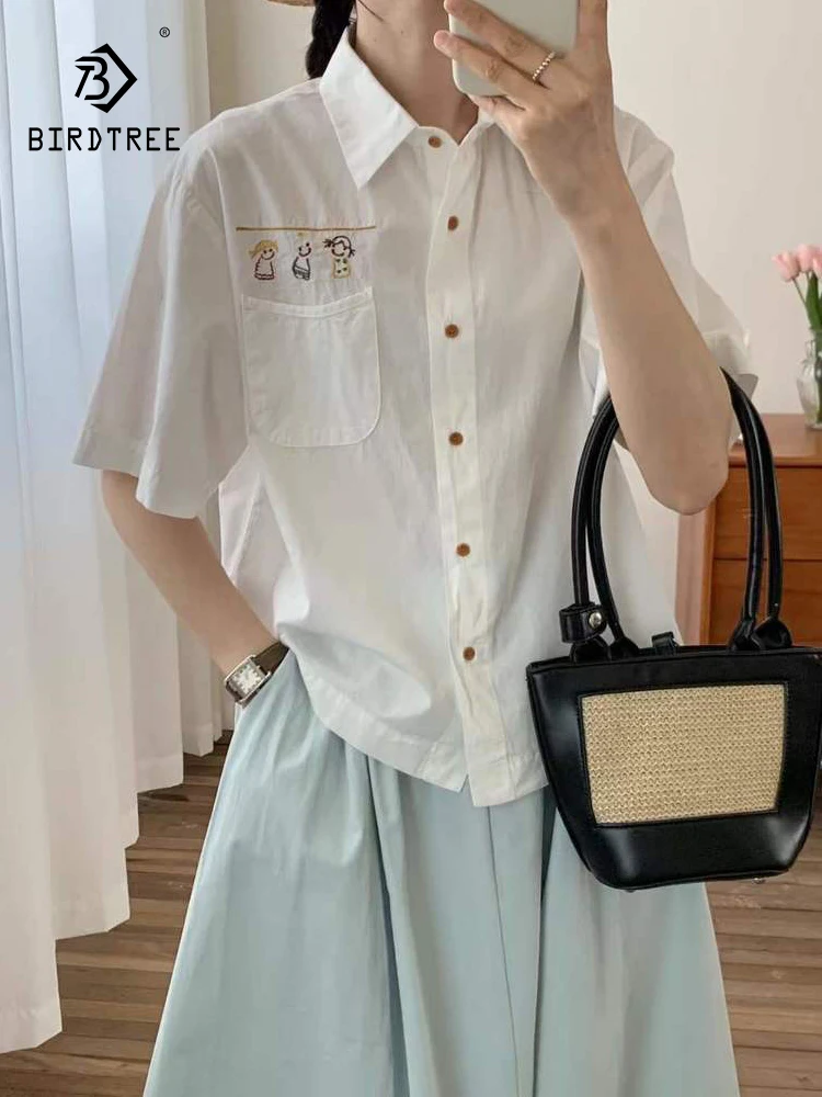 

New 2025 Summer Cotton Short Sleeve Shirt, Women Turn-down Collar Cute Embroidery, Mori Girl Sweet Casual Loose Blouse T55816CC