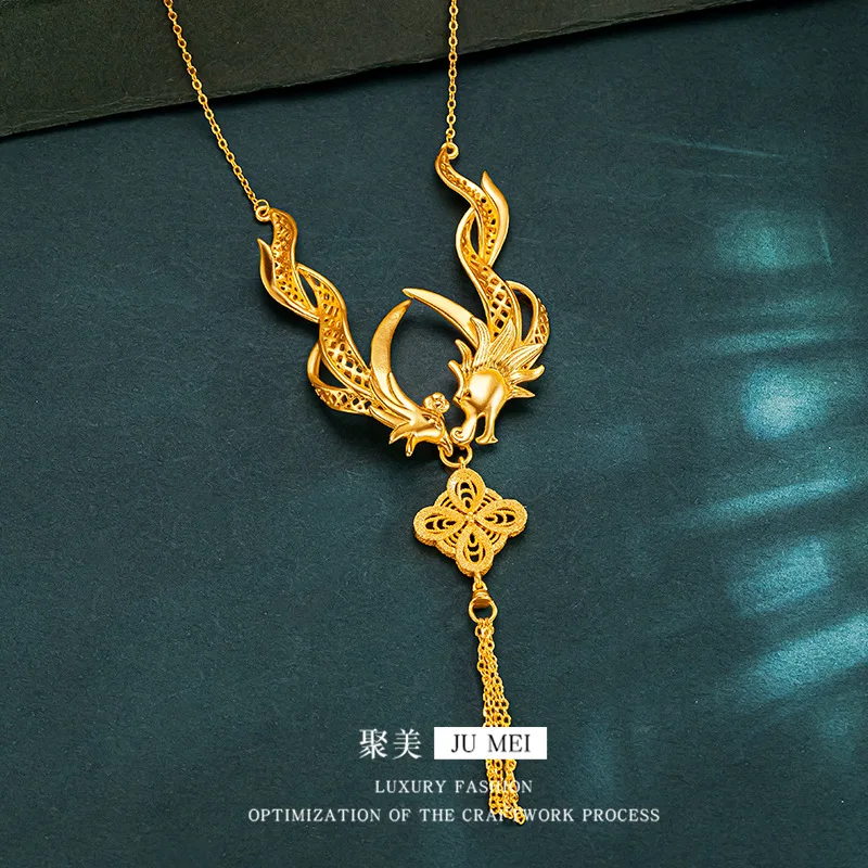 

The 24K real gold dragon and phoenix auspicious of chains 9999 retro Chinese style high-end design fashionable exquisite sets