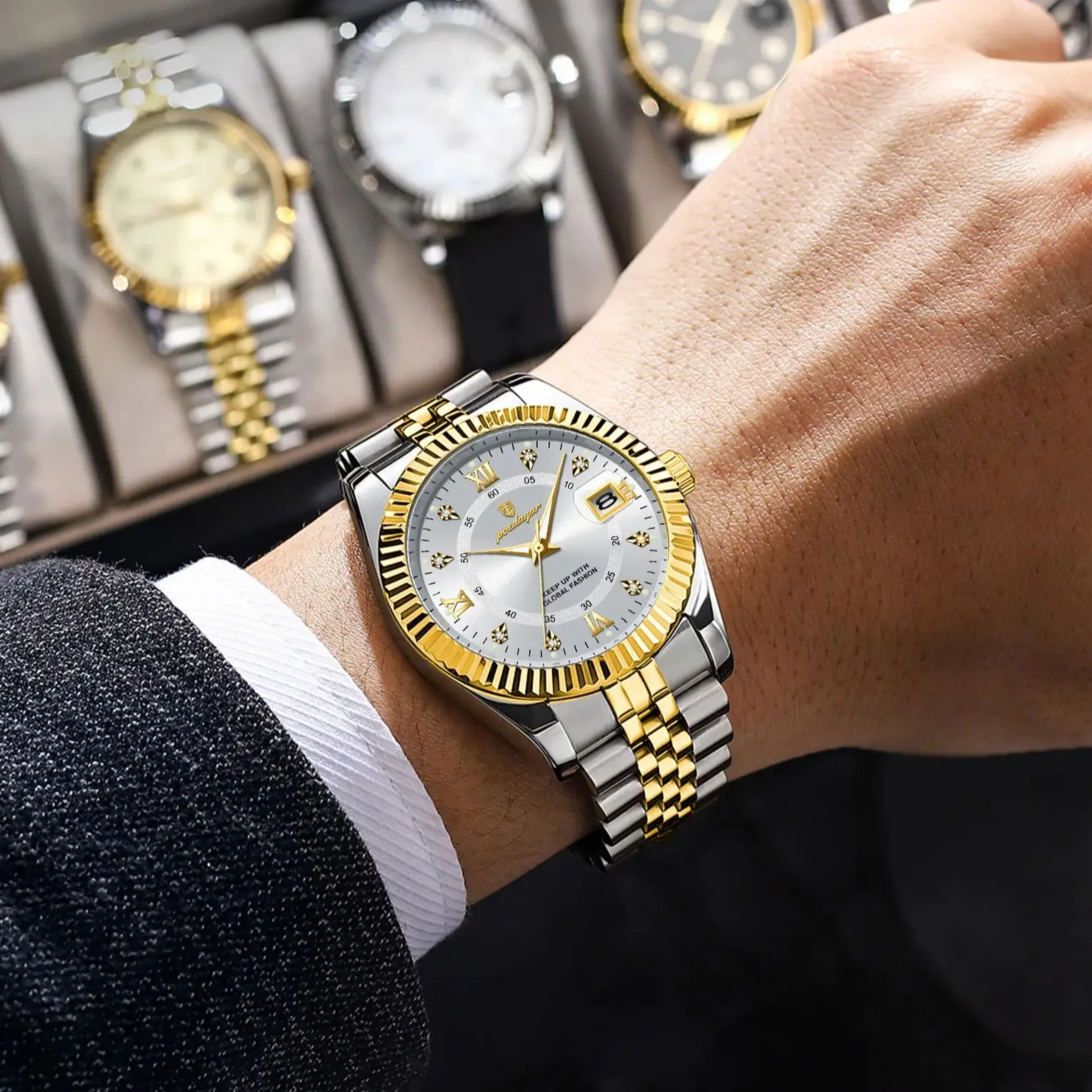 POEDAGAR ساعة يد عصرية فاخرة للرجال من الفولاذ المقاوم للصدأ تاريخ كوارتز ساعة رجالية مقاومة للماء مضيئة ساعات رجالية عادية Reloj