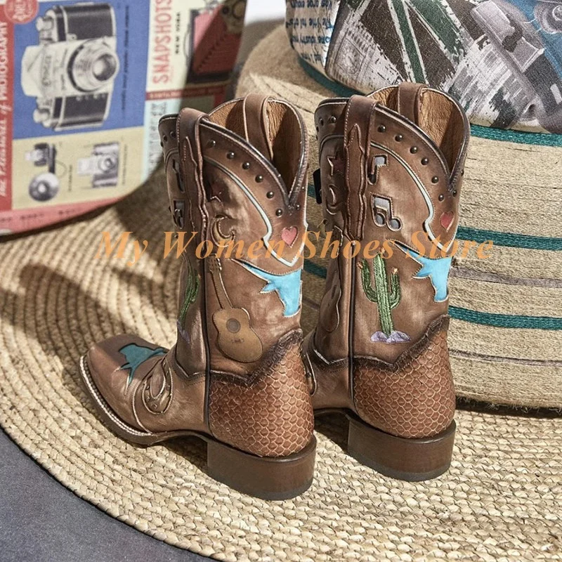Retro Western Square Toe Ankle Booties Slip On Runway 2026 Winter Women Dress Shoes Block Middle Heel Western Boots