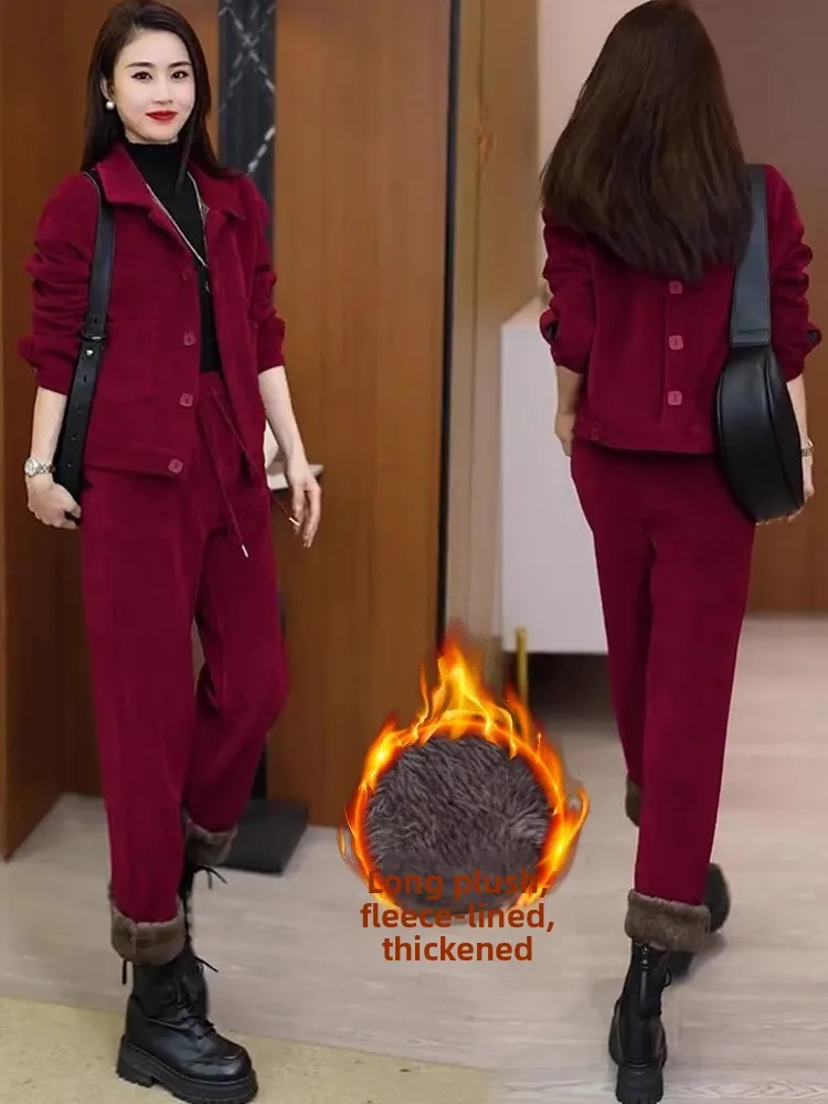 Winter Thickened Fleece Women's Fashion Set Casual Loose Slimming Small Size Two-piece Suit Long Sleeve Button Closure image 3