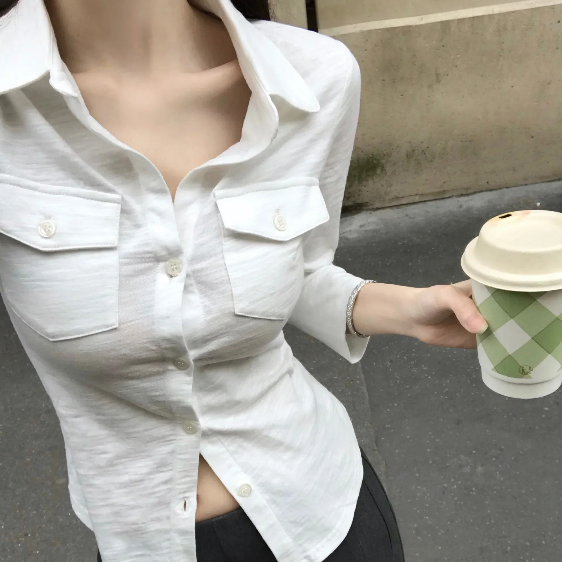 

Women's Student Spring Autumn Slimming Smooths Your Silhouette Waist ElegantPure Desire Aesthetic Sexy Lapel Long Sleeve Shirt