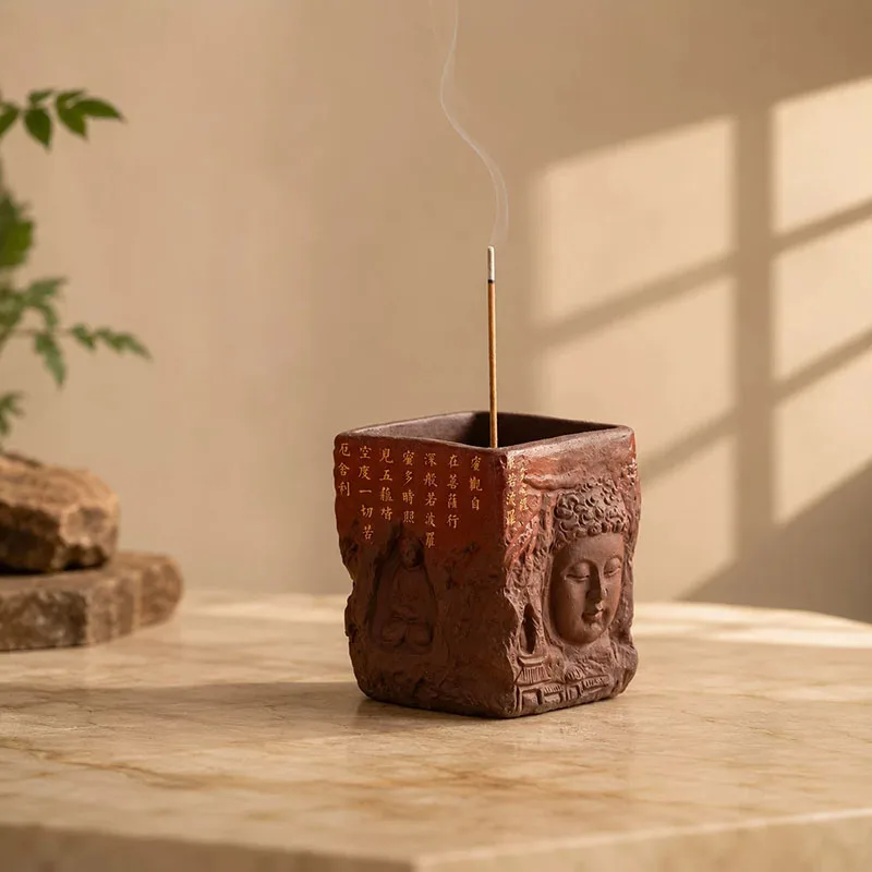 Dunhuang Zen-inspired Ceramic Incense Burner with Heart Sutra Relief and Buddha Face Design, Elegant Tea Ceremony Incense Holder