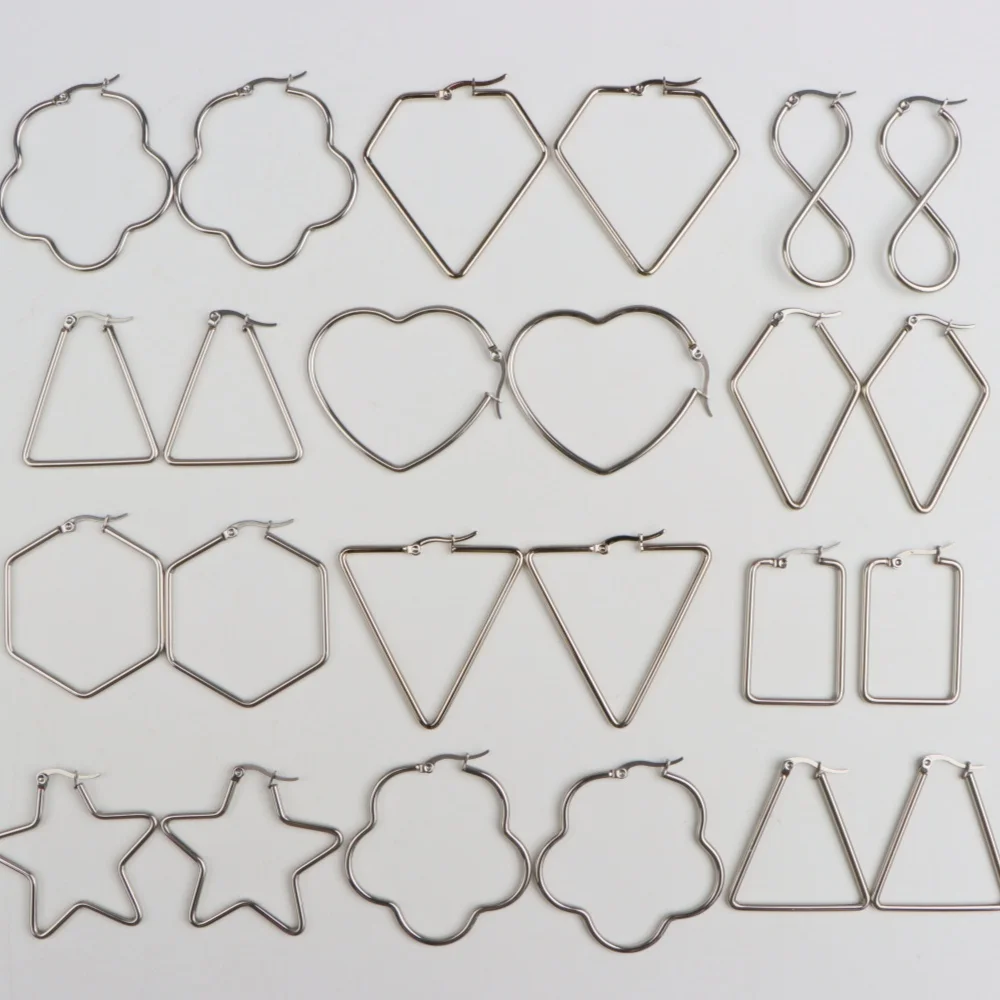  6/12/24Pairs Fashion Geometric Hollow Stainless Steel Hoop Earrings For Women Star Heart Square Mix Jewelry Daily Gifts
