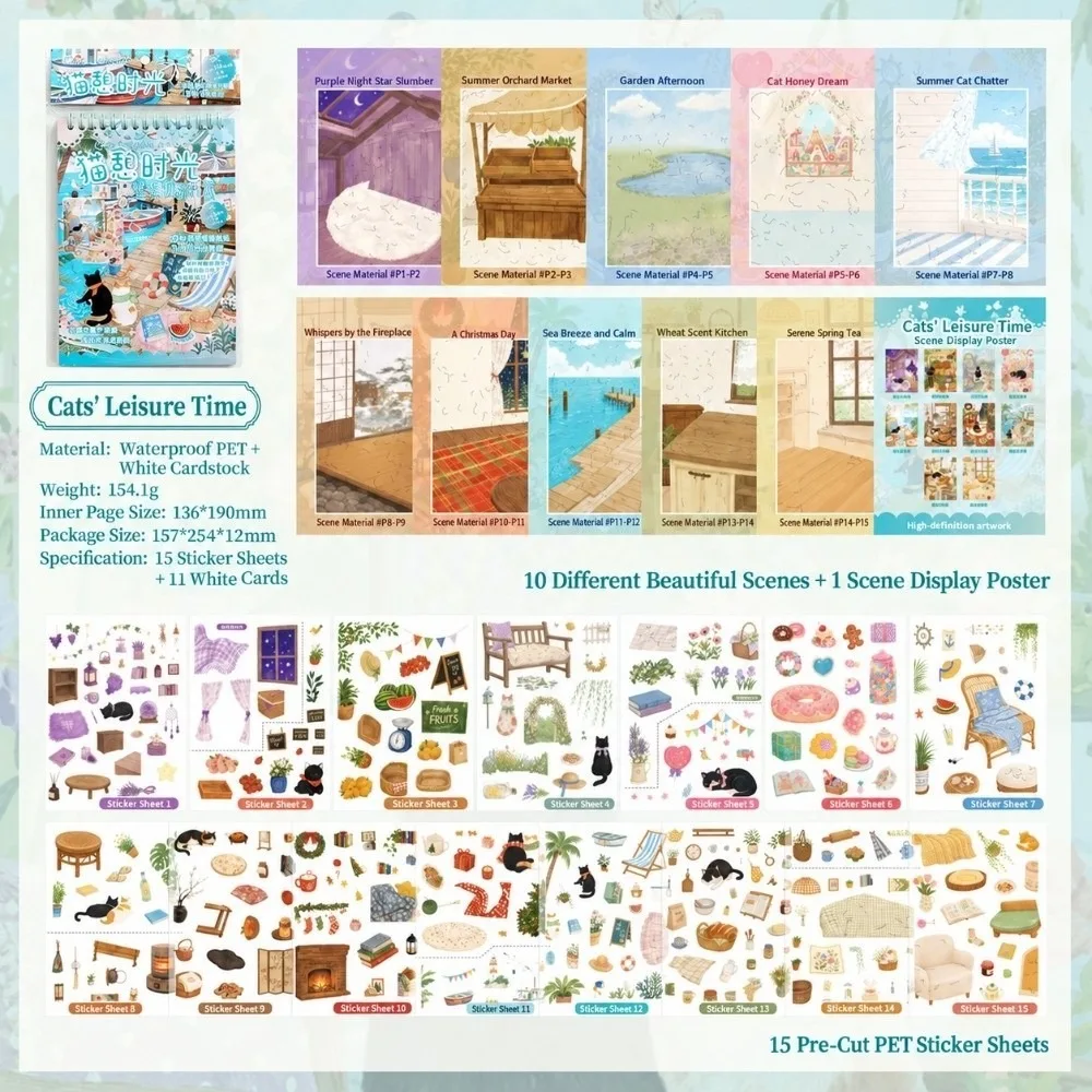 Cartoon Cat 3D Scene Building Stickers Journal Decor Collage DIY Scrapbooking Stickers Die-cut Stationery Craft Stickers Gifts