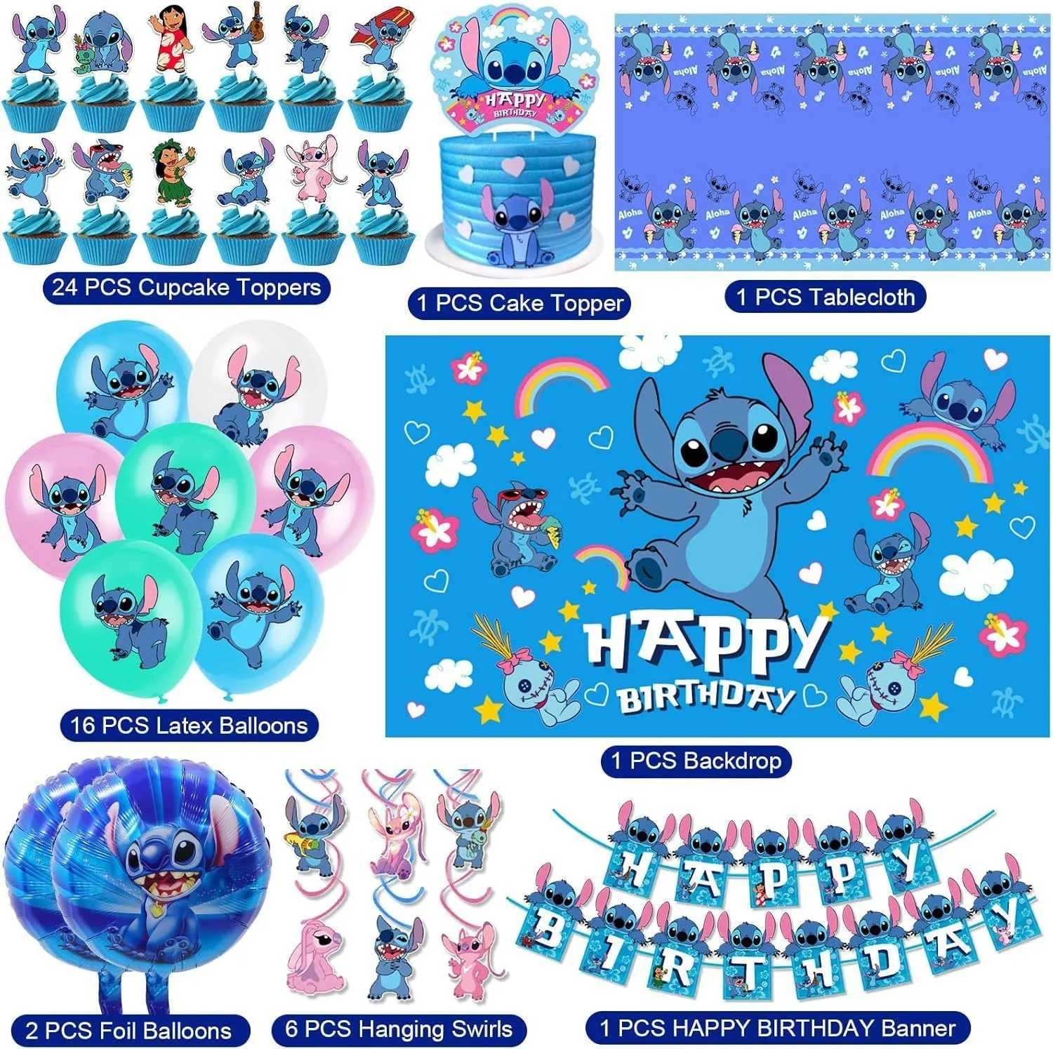 

Disney Stitch Birthday Party Decorations Kit，Backdrop Banner & Latex Balloons, Themed Cake & Table Supplies