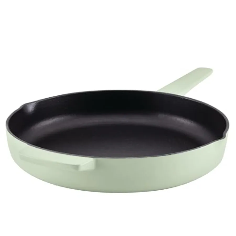 

12 Inch Enameled Cast Iron Frying Pan with Helper Handle and Pour Spouts in Pistachio Durable Non-Stick Cooking Surface for Sto