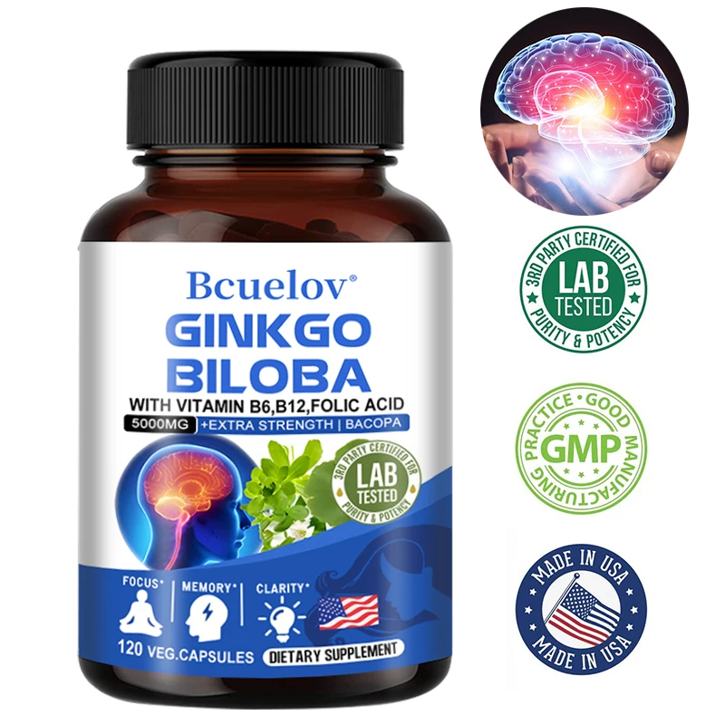 Ginkgo Biloba 5000 mg Extra Strength - Supports Brain Function and Memory, Focus, Stress Relief, 120 Veggie Capsules