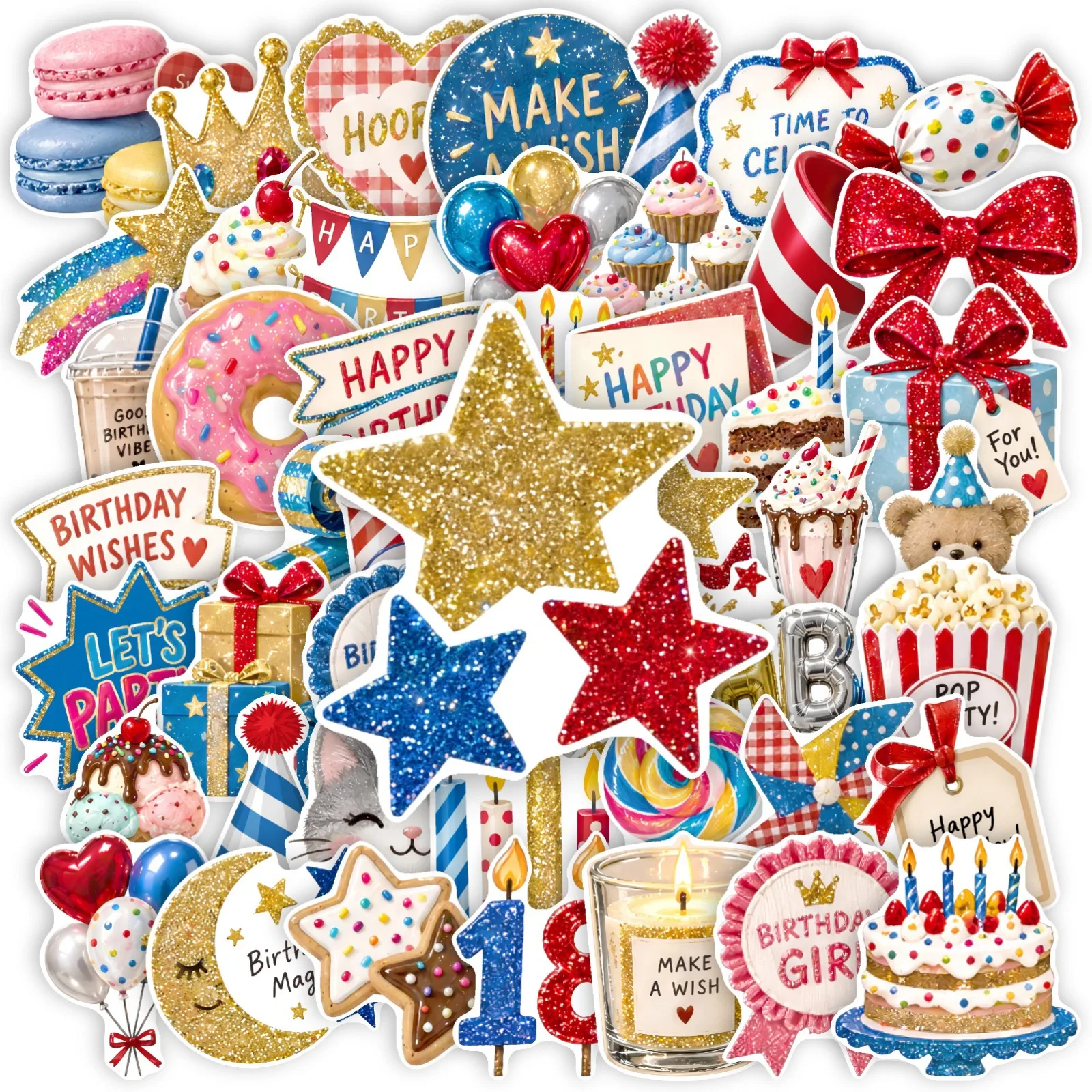 50 PCS Cartoon Happy Birthday Watercolor Cake Candy Stickers DIY Greeting Card & Gift Box & Atmosphere Decoration Vinyl Decals