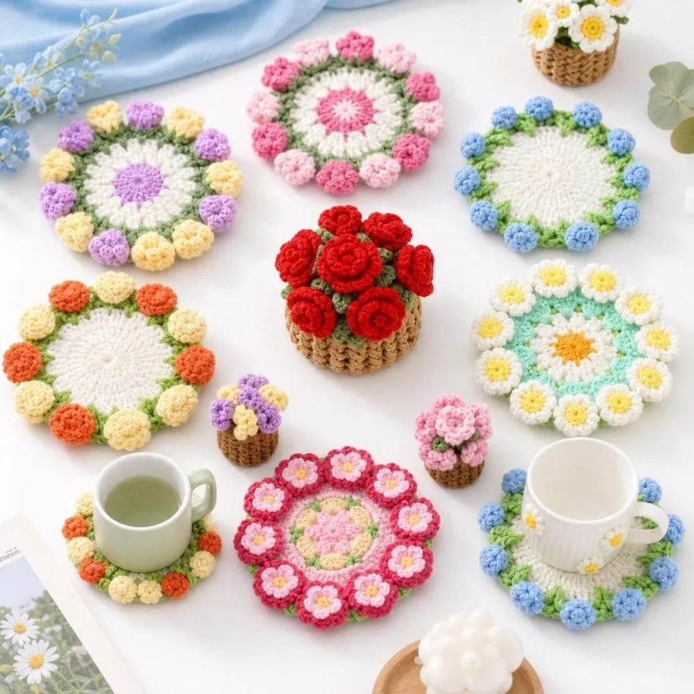 Sunflower Coasters Handwoven Flower Bouquet Coasters Washable Flower Pot Crochet Coasters Cotton Mini Rose Placemat Home Decor