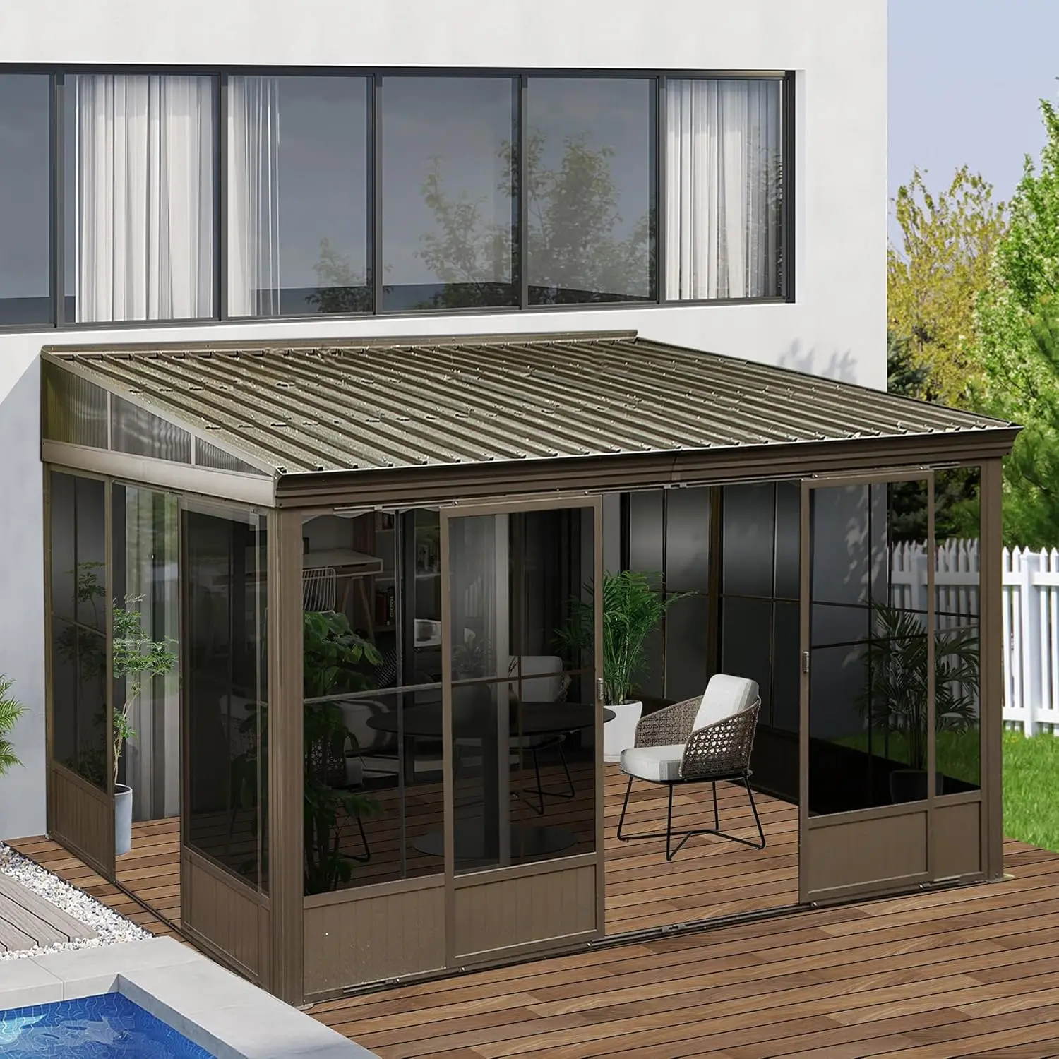 

Солнечная веранда Domi 10x12 футов, пристенная, с наклонной крышей из оцинкованной стали, с подвижной ПВХ-сеткой, входной дверью и боковыми раздвижными дверями