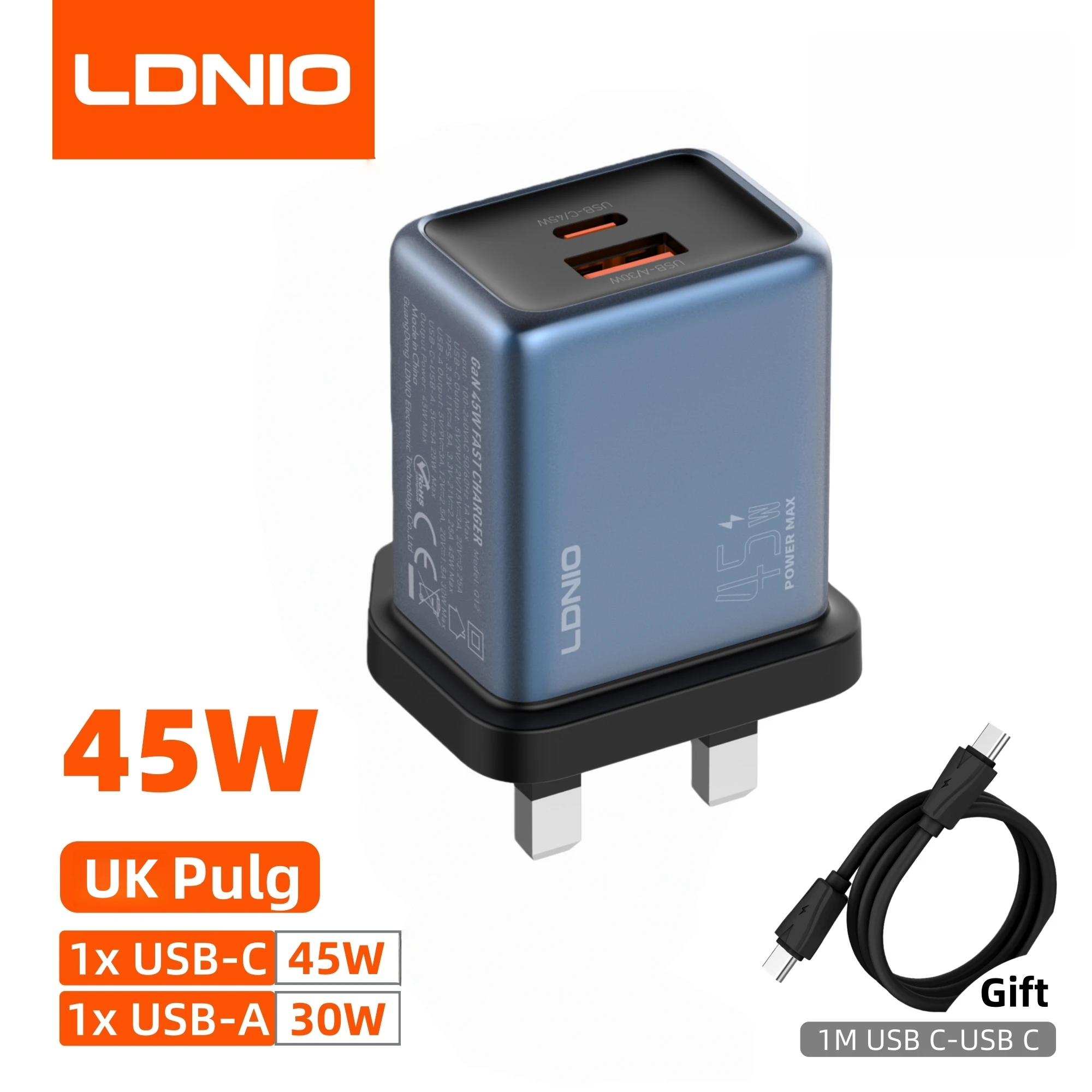 LDNIO Gan 45W Snellader Type-C, compatibel met 40W iPhone 17 Pro Max Air Xiaomi Samsung Ultra - Snelle oplaadadapter