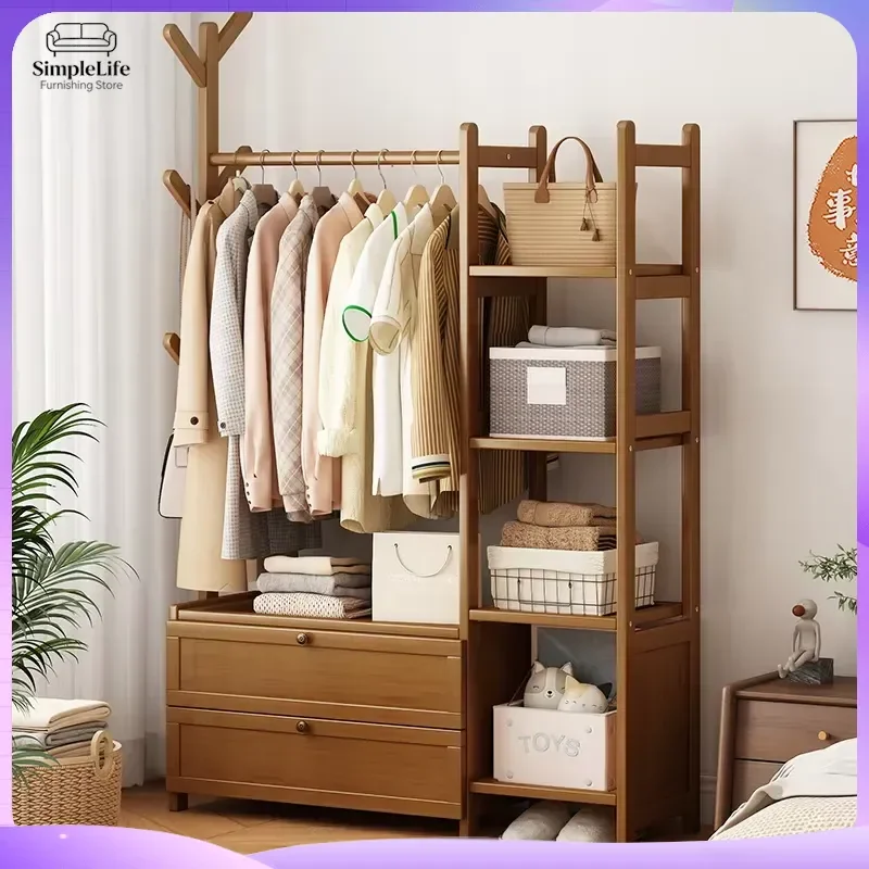 Solid Wood Coat Rack with Shelf and Drawer Floor Standing Hall Tree Entryway Storage Organizer Bedroom Furniture Freestanding