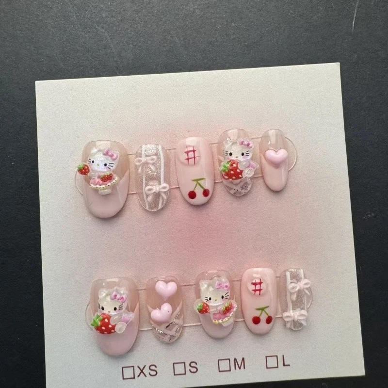 10 Uds. De uñas cortas bonitas de almendra hechas a mano con lazo rosa, fresa, Hello Kitty, uñas postizas acrílicas Kawaii para mujer