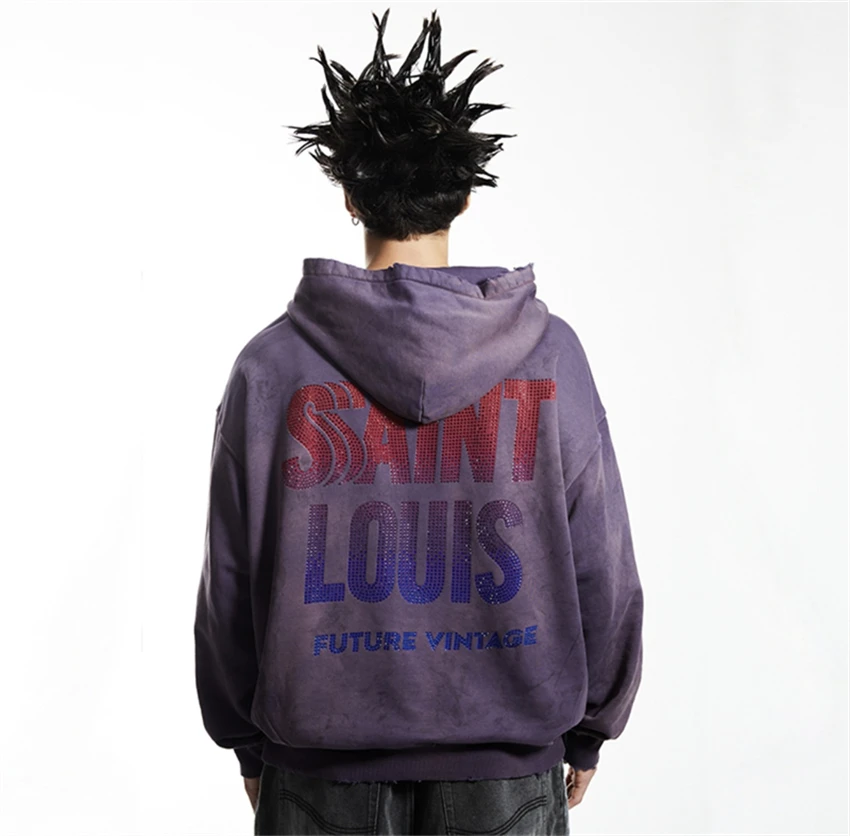 High Quality SSSAINT LOUIS Oversize Gradient Logo Hooded High Street Casual Loose Vintage Rock Popular Washed Cotton Sweatshirt