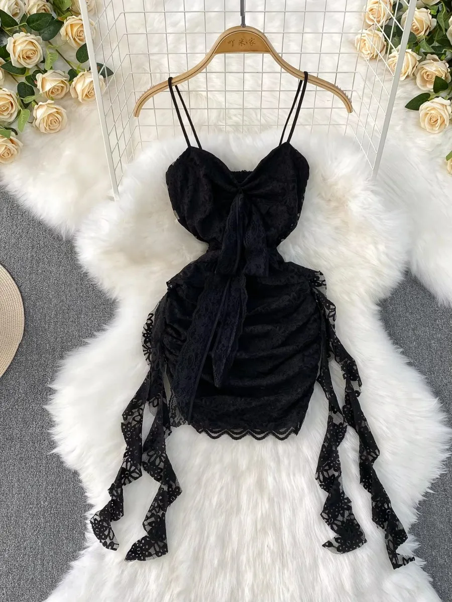 SSTss Hottie moda Sexy corte bajo encaje Streamer vestido con tirantes mujer novedad de verano Falda corta ajustada vestidos Nini
