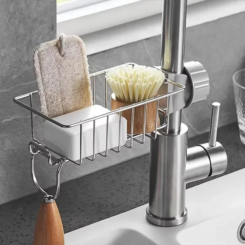 Kitchen Sink Faucet Shelf Stainless Steel Sponge Holder Adjustable Sink Faucet Dishcloth Towel Storage Rack Wall Mounted Racks