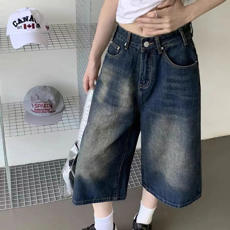 Jean Vintage américain bleu longueur mollet, taille haute, ample, décontracté, jambes larges, pantalon en Denim délavé classique Harajuku Y2K, été