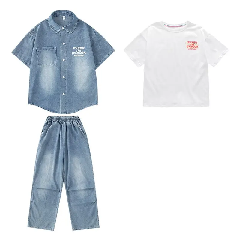 Denim Shirt Hip Hop Suit Children Jazz Performance Costumes Kids Ballroom Hip Hop Dance Festival Clothes Boys Street Wear