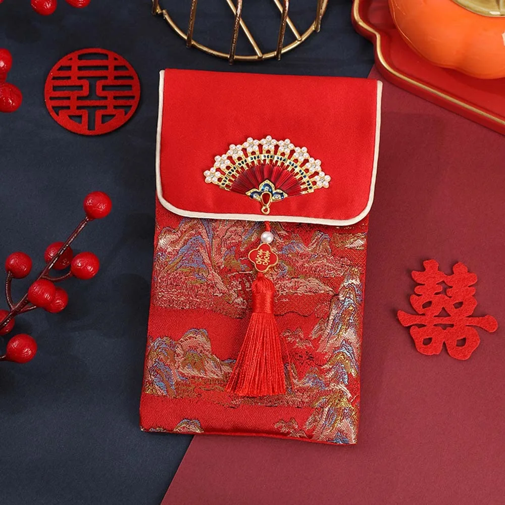 

New Year Blessing Words Brocade Red Envelope Brocade Cloth Tassel Embroidery 2025 Money Pocket Spring Festival HongBao