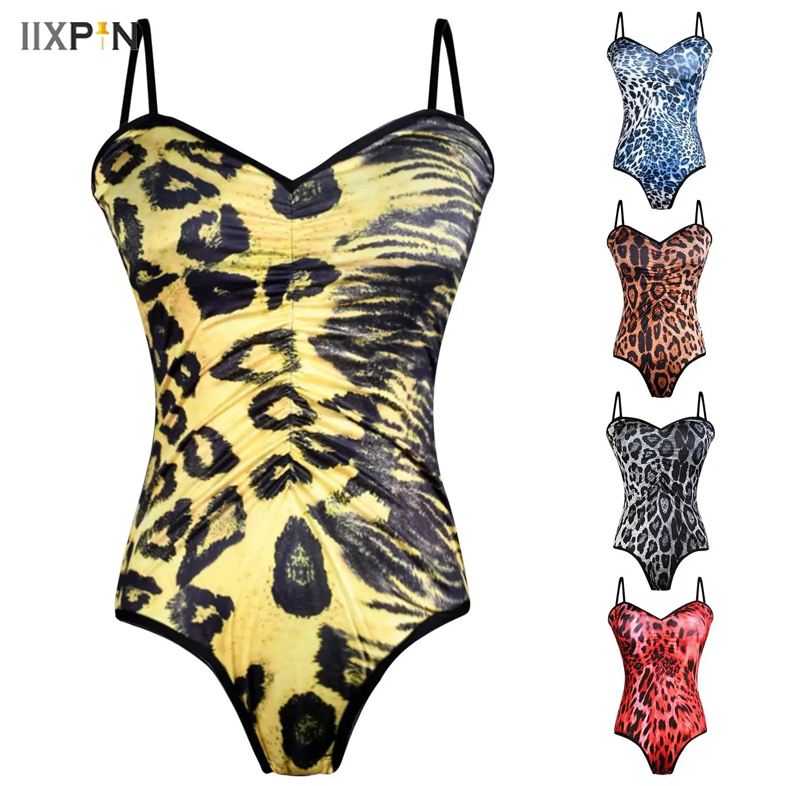 

Womens Leopard Print Latin Sling Leotard Ruched Front Openable Crotch Camisole Bodysuit Jumpsuit Pole Dance Costume Swimwear