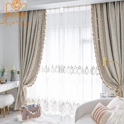 High-end Embossed Cotton Linen Paisley Jacquard Lace Stitching Blackout Curtains for Living Room and Bedroom Customized Products