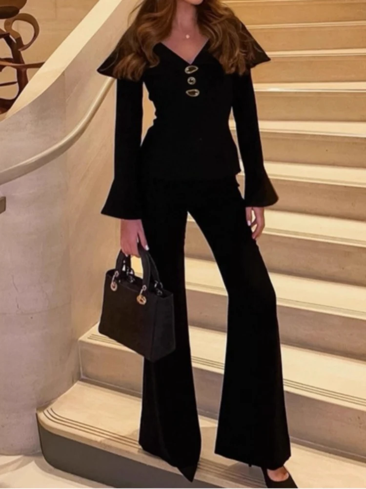 New in Fashion Black Retro Sexy Two Piece Set for Women V Neck Slim Long Sleeve Top Fashionable Flare Pants Elegant Suit Female