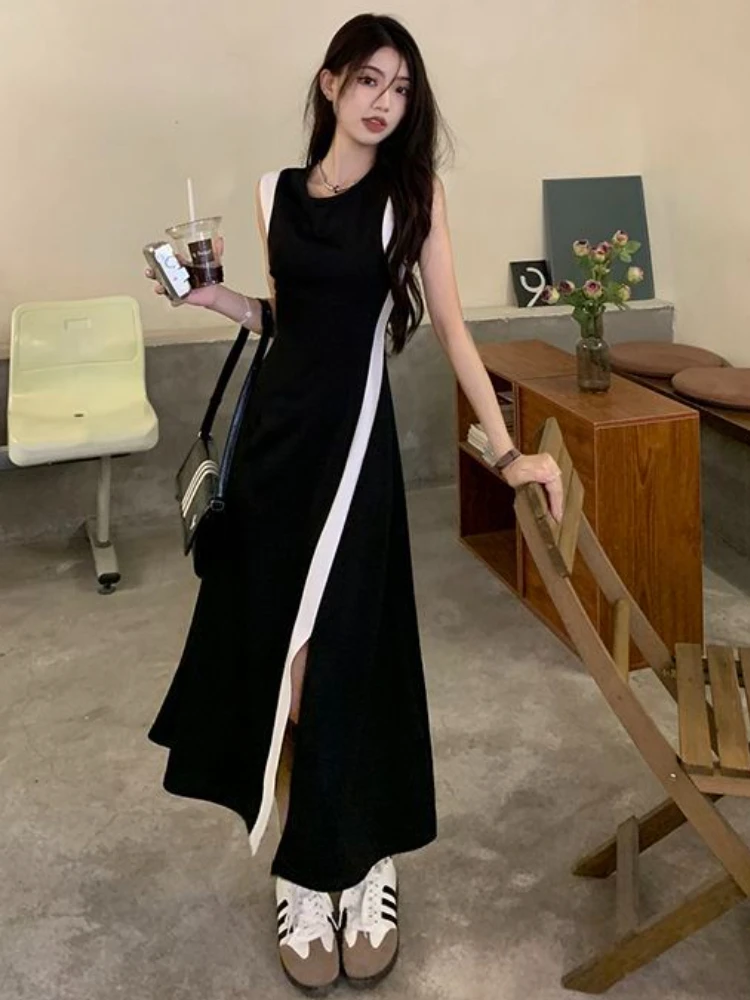 Midi Dresses Women Summer Sleeveless Simple Fashion Sweet Elegant Patchwork Leisure Empire A-line Tender Slit Korean Style Daily