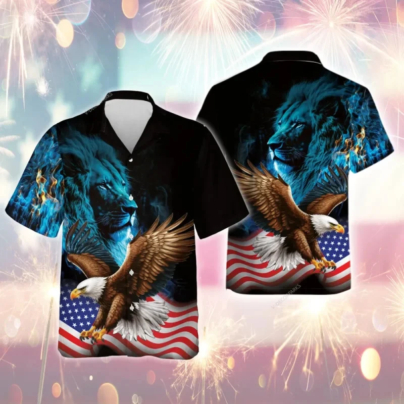 Oversized Plus Size Summer Men's Shirts Lion American Fashion Men Short Sleeve Hawaii Holday Party Shirt Female Clothing Lapel