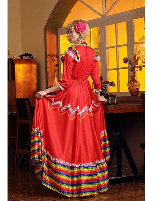 

Mexican Jalisco Traditional Folk Swing Red Dress National Bohemia Style Holiday Women Costume Carnival Folklorico Dance Dress