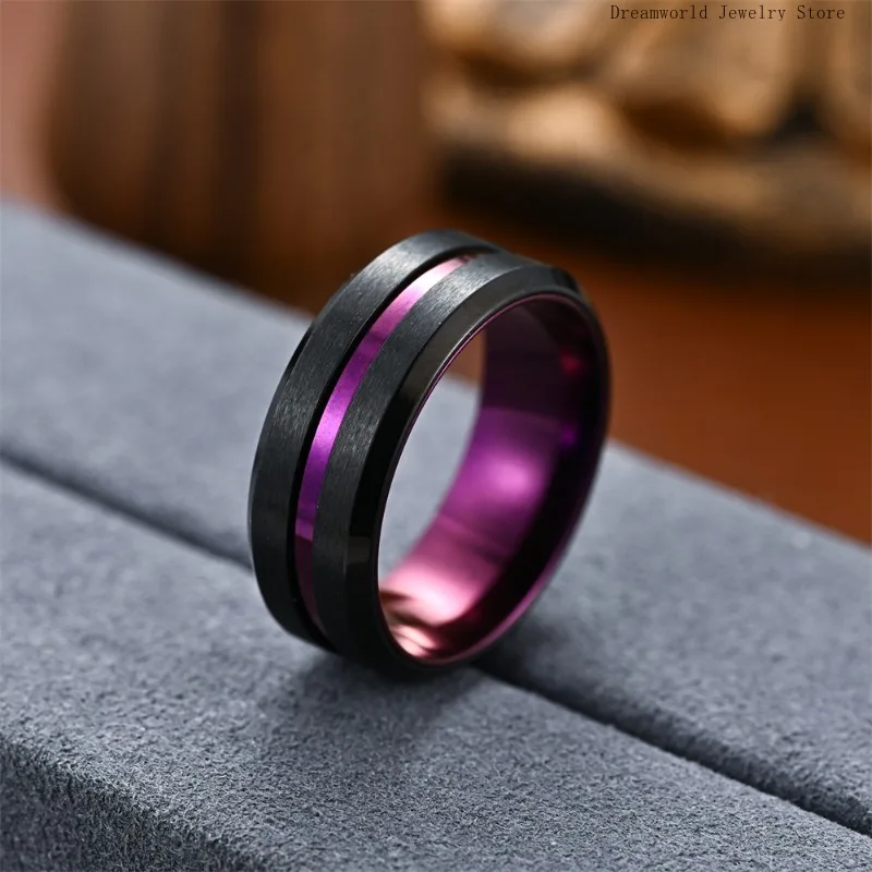 Stainless Steel Ring Two Tone Fashion Plated New Color Purple Black Beveled Men\'s Titanium Steel Groove  Black Engagement Rings