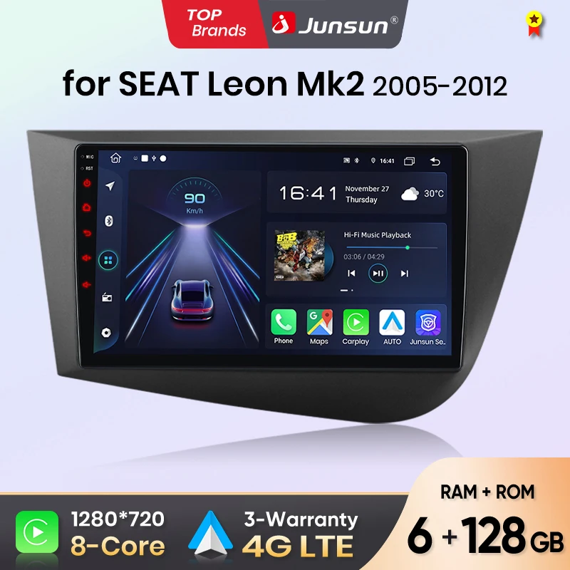 Junsun Android sans fil CarPlay Auto autoradio pour Seat Leon MK2 2005-2012 systèmes intelligents DSP SWC RDS GPS FM BT