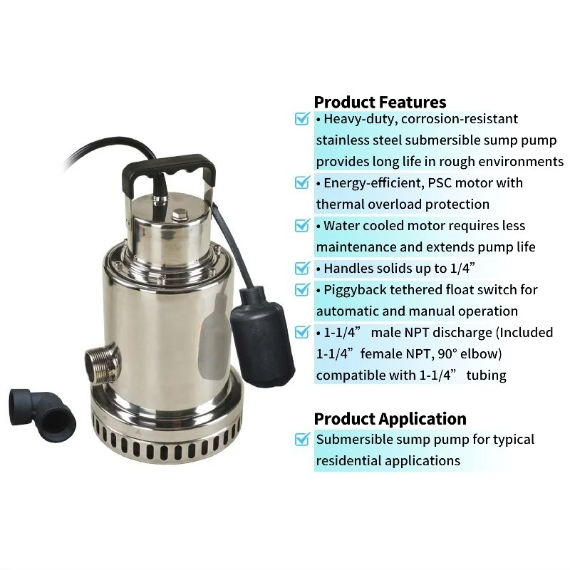 High durability and corrosion resistance 115 volts 1/2 horsepower floating switch submersible pump stainless steel