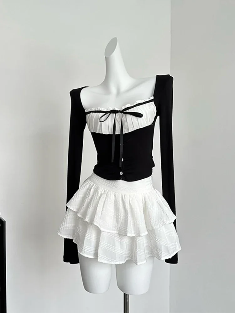 

Sweet Romantic 2000s Aesthetics Fashion Gyaru Outfits 2 Piece Set Plaid Square Collar Crop Tops Lace Up + White A-Line Skirts