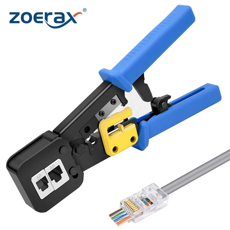 ZoeRax RJ45 Crimper for Pass-Through/EZ RJ11/RJ12/RJ45 connectors Cutter Stripper CAT5e/CAT6 Network Cable Wire Crimping Tool