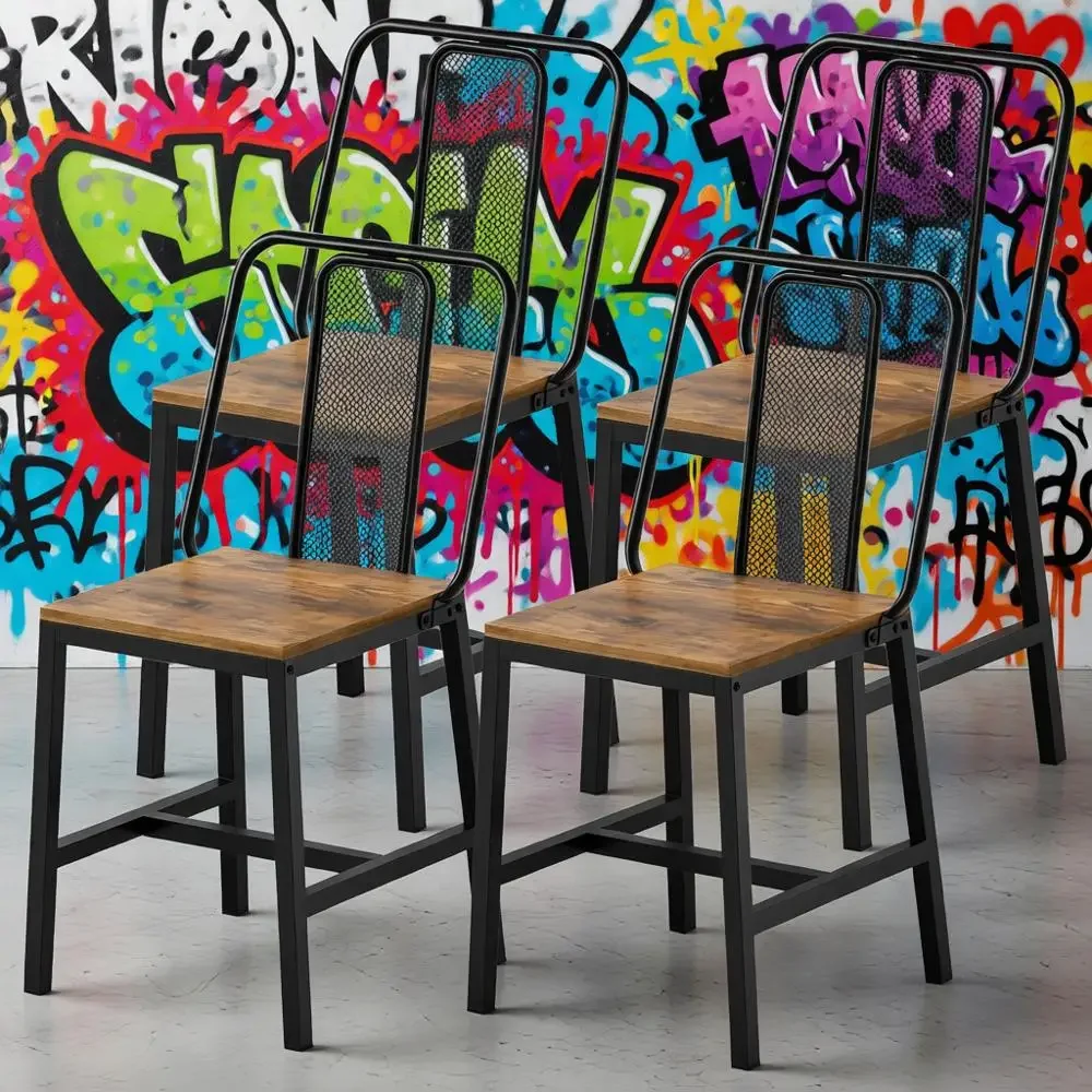 

Set of 4 Wooden Dining Chairs with Back Support, Rustic Brown and Black for Kitchen or Living Room