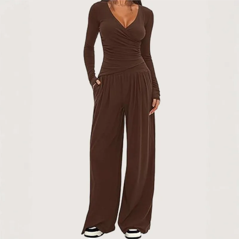 

Solid Slim Fits Tops Trousers Women's Set Long Sleeve V-neck T-shirt Pleated Straight Pants 2025 Autumn Vacation Ladies Outfit