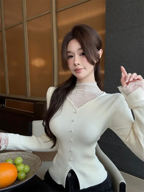 

Корейский вязаный топ с высоким воротником и кружевными вставками, женский, с длинным рукавом, облегающий, базовый, имитация двухслойности, цветной