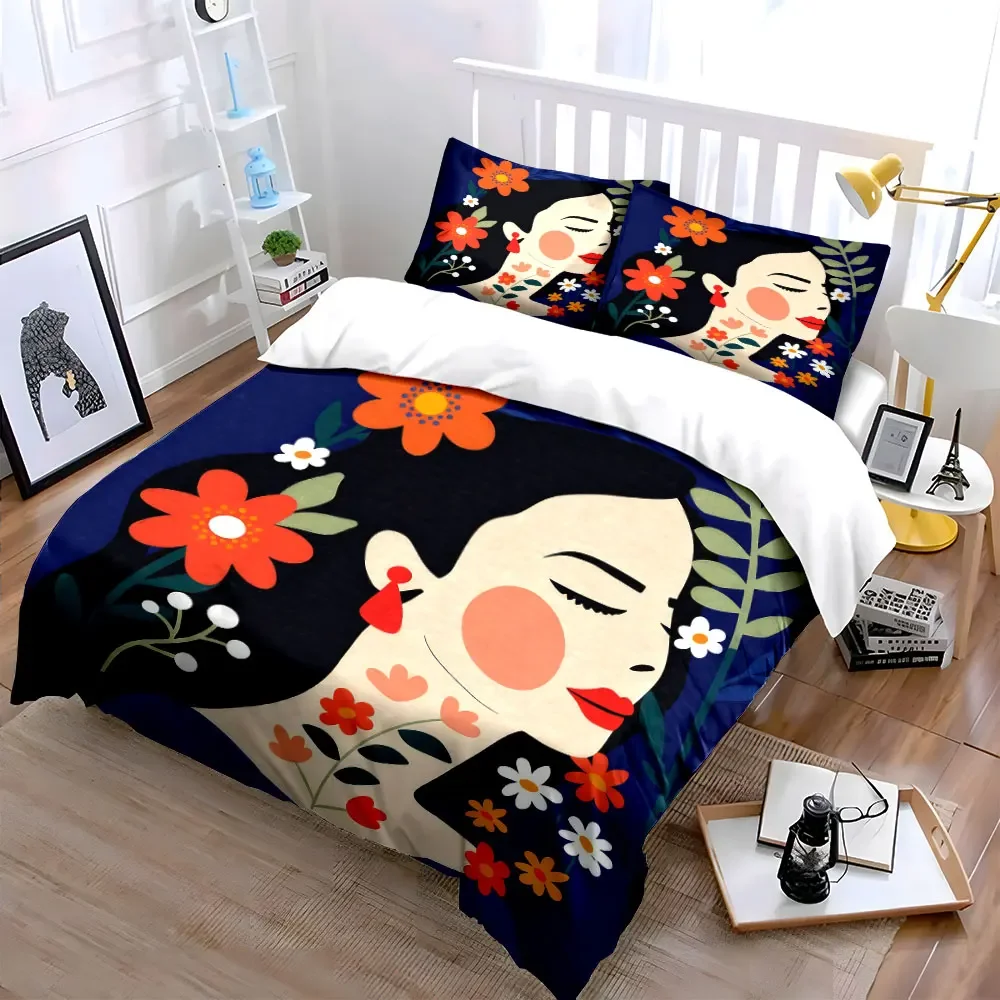 Floral Art Portrait Decoration Set Soft Comfortable Duvet Cover Bedding Set Included 1*Duvet Cover & 2*Pillowcases, gift