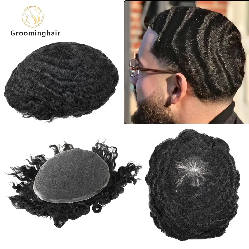 Peluca de repuesto de cabello humano Remy 100% indio para hombres parche de encaje completo 15mm afro onda peluquín de encaje completo