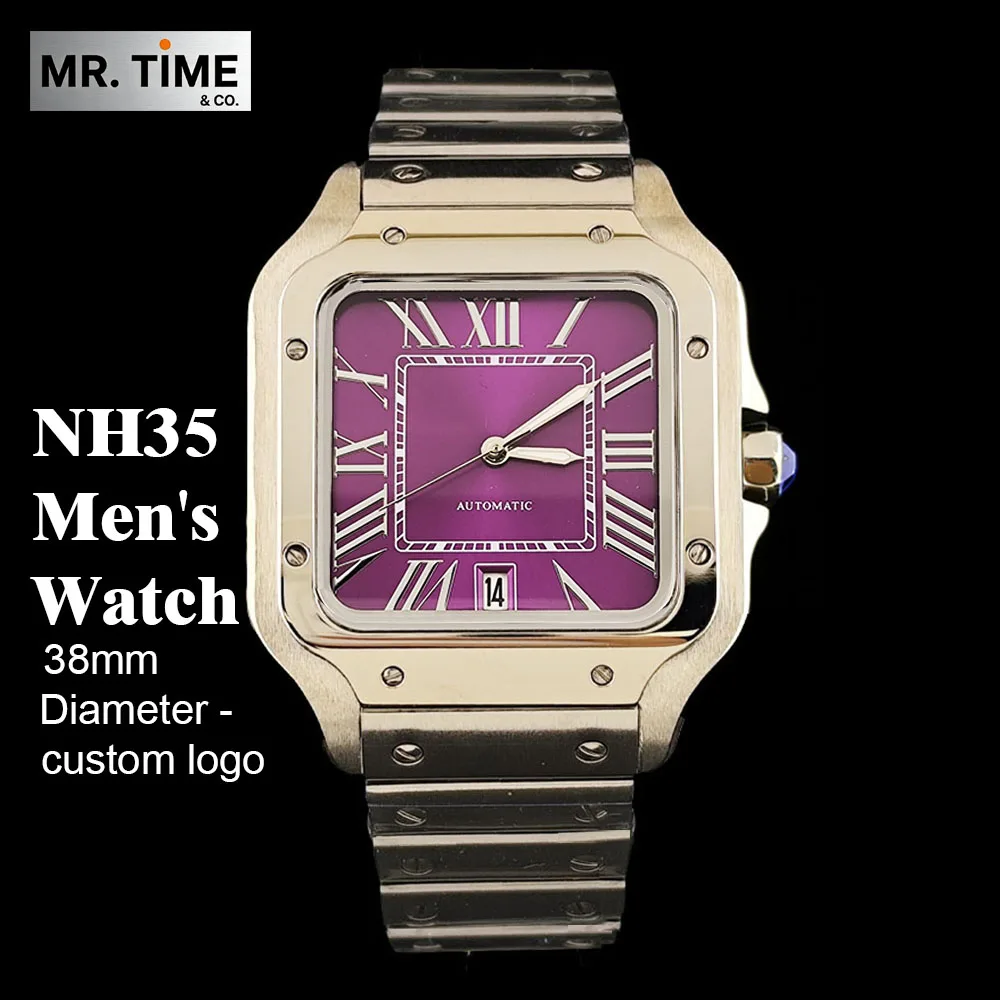 NH35 watch square dial purple dial men's stainless steel automatic watch suitable for NH35 movement watch accessories
