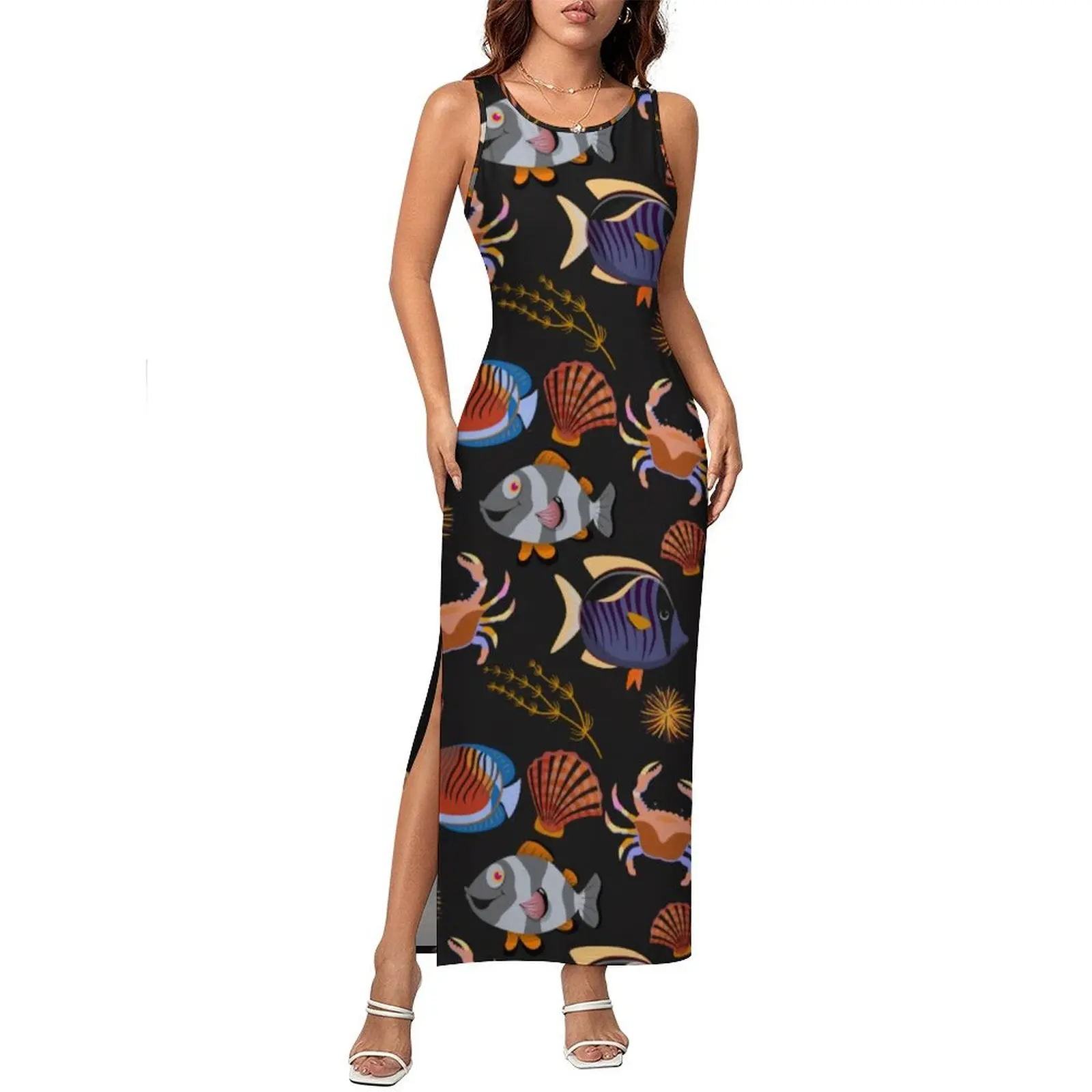 Aquatic Animal Dress Sleeveless Ocean Life Print Kawaii Maxi Dresses Spring Y2K Fashion Graphic Bodycon Dress Big Size 3XL 4XL