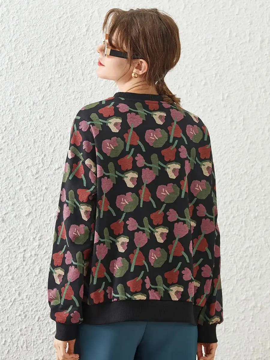 LOUIS YAO Women Sweatshirt 2024 Spring New Round Neck Long Sleeve Pullover Retro Print Flower Loose Fit Casual Tops