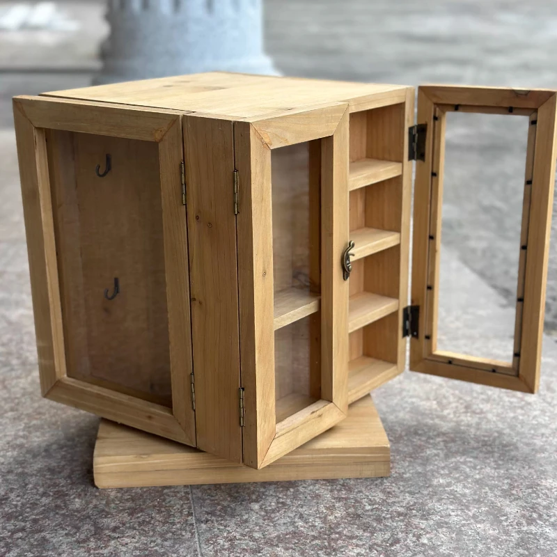 Rotating Jewelry Display Box Solid Wood Retro Necklace Showcase Box Ring Earring Storage Boxes Jewellery Organizer Container